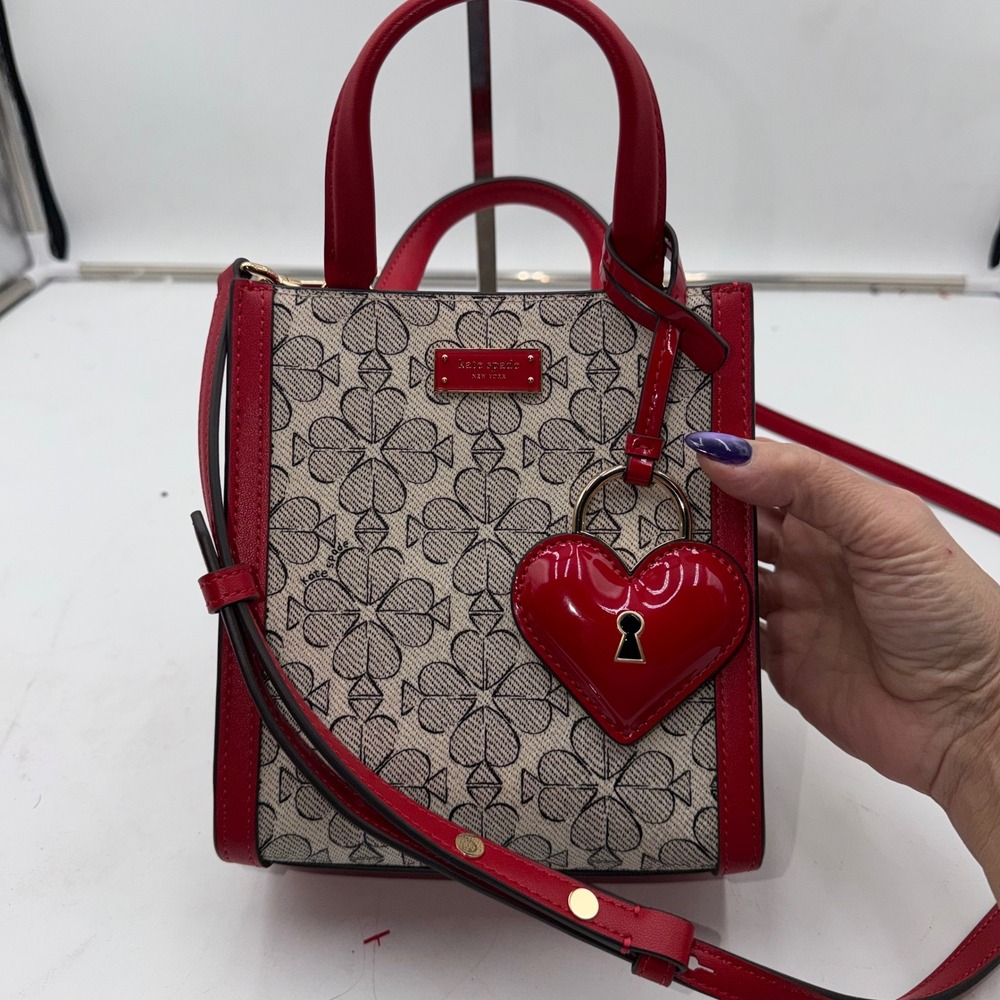 kate spade Red and Beige Printed Crossbody Tote with Heart Charm - Picture 9 of 11